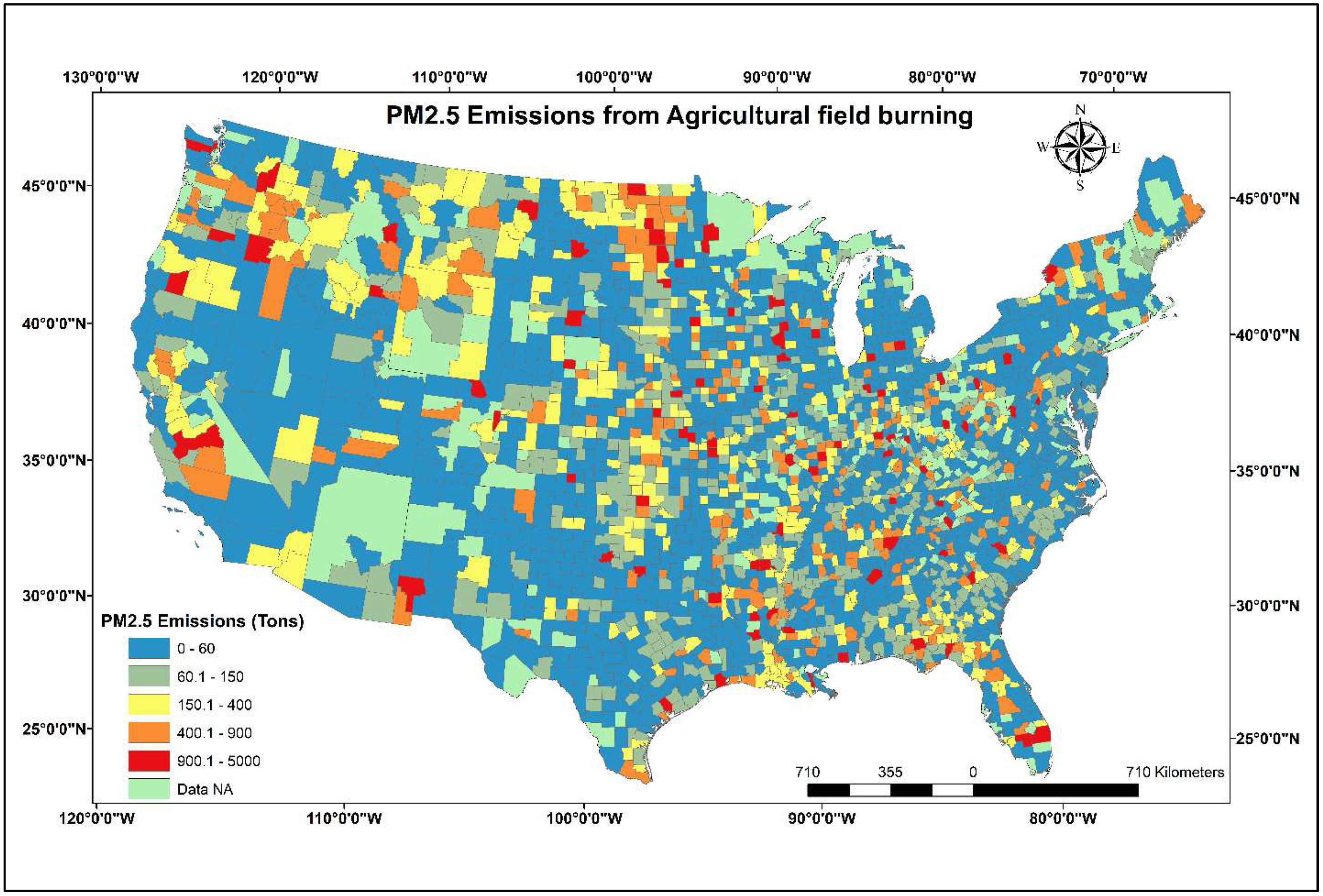 Figure 10. PM2.5 emissions from agricultural field burning in 2020 – County wise